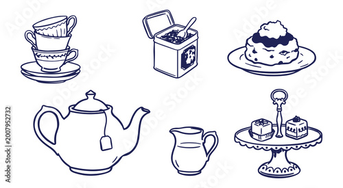 Vintage tea time set line art teapot cups dessert hand drawn illustration