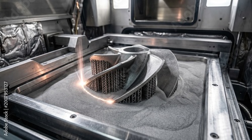 Closeup of a 3D printer fabricating a metal pump impeller prototype with intricate lattice structures showcasing advanced powder bed fusion additive manufacturing technology.
