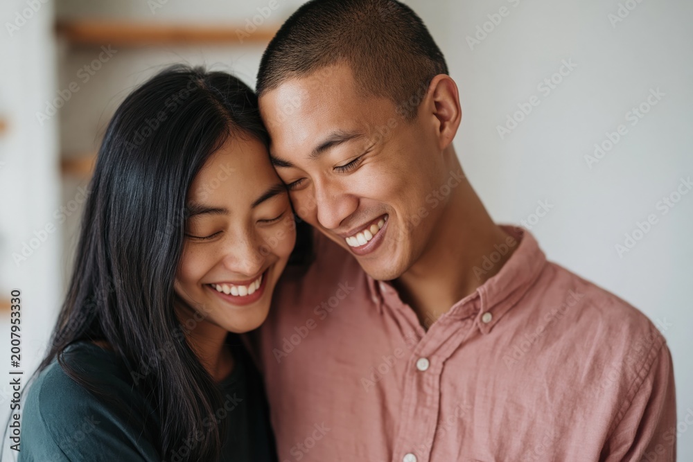 Obraz premium Young asian couple smiling and embracing in home interior