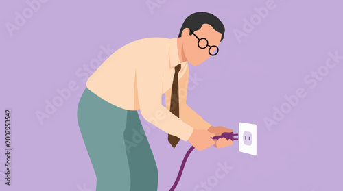Tablou pe pânză Businessman plugging an electrical cord into a wall socket, illustration