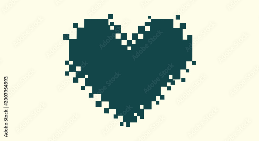 Fototapeta premium Dark Teal Pixelated Heart Graphic with Retro 8-bit Style on Cream Background for Romantic Design