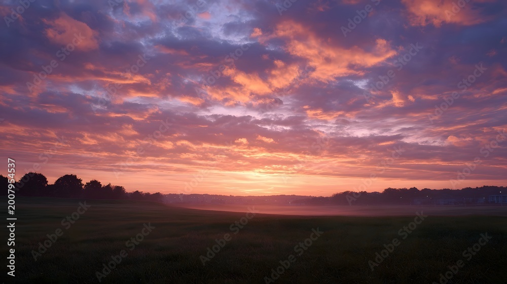 Fototapeta premium A dramatic sunrise illuminates vibrant clouds of purple and orange above a misty open plain