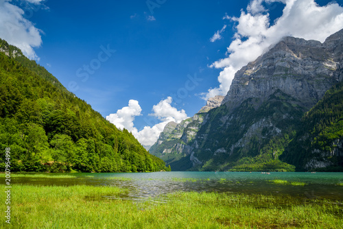 Alpine lake with rocky cliffs and summer meadow
