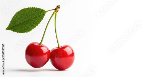 Two bright red cherries hang together from a single green stem with a lush leaf, captured in high detail against a clean white background, nature, summer, cherry