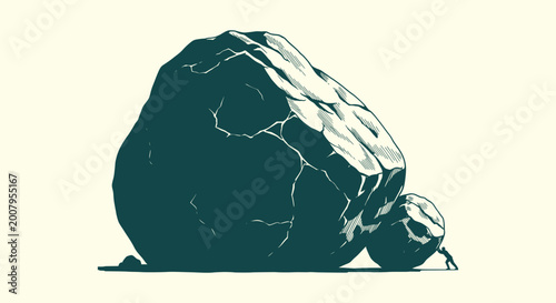 Fotografie Tiny Silhouette Figure Pushing Enormous Stone Boulders Representing Challenge an