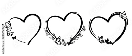set of black line art hearts decorated with butterflies and flowers. Hand-drawn romantic heart frames with butterfly silhouettes and floral elements isolated on white background. Minimalist design