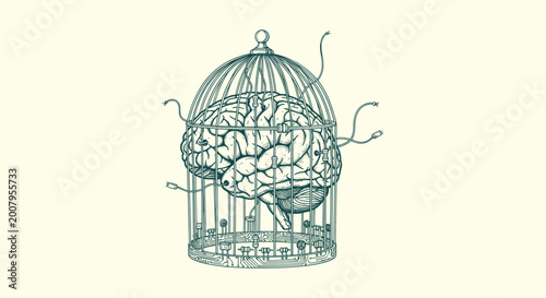 Bilde på lerret Vintage Hand Drawn Etching of a Human Brain Trapped Inside a Birdcage with Elect