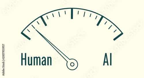 Photos Comparison gauge indicating human versus artificial intelligence with needle pointing to human