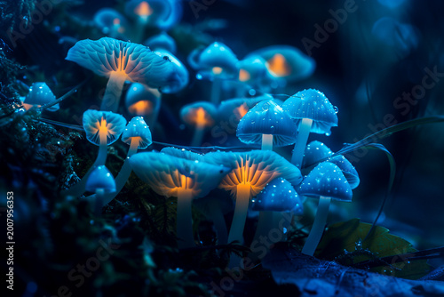Bioluminescent mushrooms glowing in dark forest, magical fungi macro, fantasy nature background