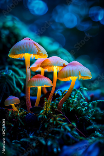 Glowing bioluminescent mushrooms in forest at night, colorful luminous fungi macro, magical nature scene