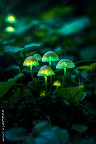 Green bioluminescent mushrooms glowing in forest, luminous fungi macro, magical nature scene