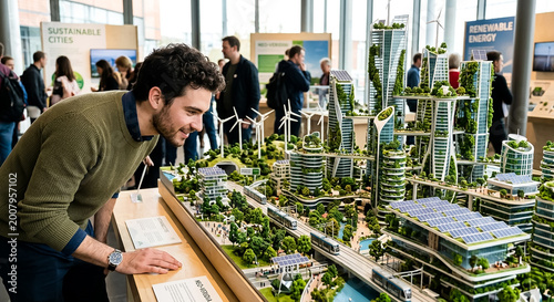 Man examines miniature model of a city at an exhibition showcasing sustainable architecture and green technology developments in the afternoon