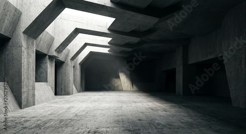 Concrete room with geometric shapes and natural light coming through highlighting the structure and design of the space at early afternoon