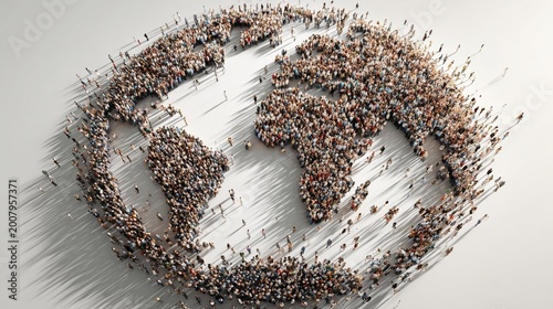 Crowd of people forming a globe symbol from aerial view. Global community, world connection, environment, sustainability.