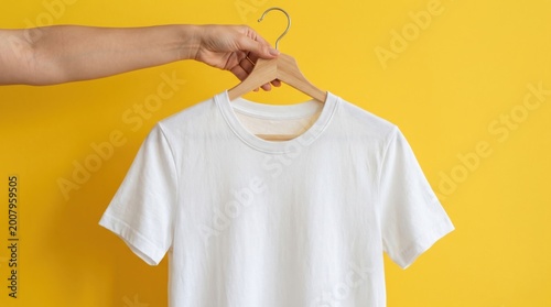 hand holding white t-shirt on wooden hanger against yellow background