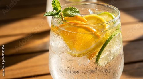Refreshing citrus cocktail with ice and mint on wooden table.