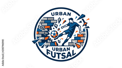 Urban Futsal logo depicting a soccer player kicking a ball through a brick wall in a dynamic circular emblem.