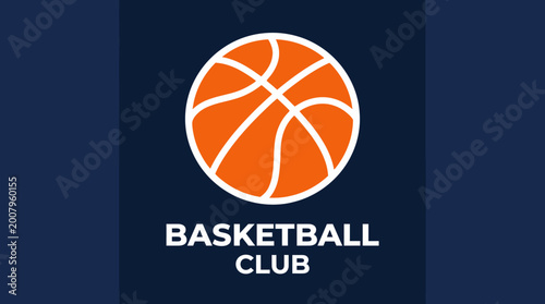 A minimalist logo for a basketball club featuring an orange basketball with white outlines above the text 'BASKETBALL CLUB' on a dark blue background.