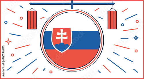 Cuadro en lienzo Red and blue stylized poster with slovak flag and abstract white coat of arms