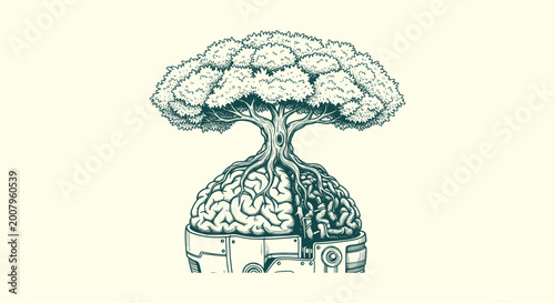 Obraz na plátně Conceptual Illustration of a Tree Growing from a Human Brain Inside a Mechanical