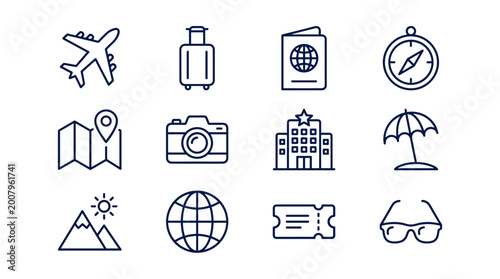 Travel icon set: airplane luggage map camera globe hotel passport compass beach ticket glasses