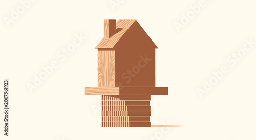 Fotografie Conceptual vector illustration of a sturdy wooden house built upon a stable foun