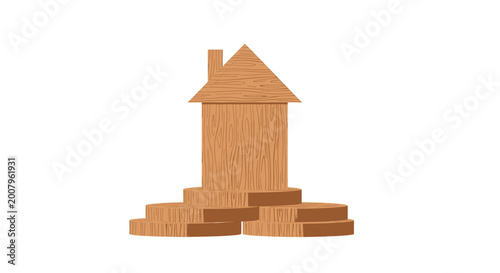 Stylized wooden block house illustration featuring ascending steps, symbolizing home construction, property investment, and real estate development. Conceptual architecture graphic