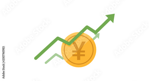 Dynamic illustration of a golden Yen currency coin with an upward-trending green graph, symbolizing robust financial growth, market appreciation, and economic prosperity for investment strategies