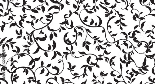 Tableau sur toile Seamless Leafy Vine Pattern Black and White Botanical Silhouette Background for