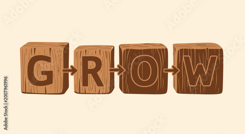 Wooden blocks spelling the word GROW with arrows indicating progression, representing growth and development