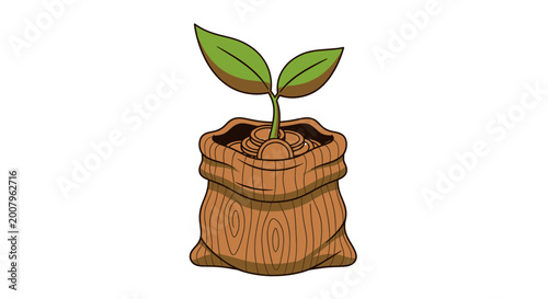 Картината върху платно A small green plant flourishing from a money bag filled with golden coins, repre