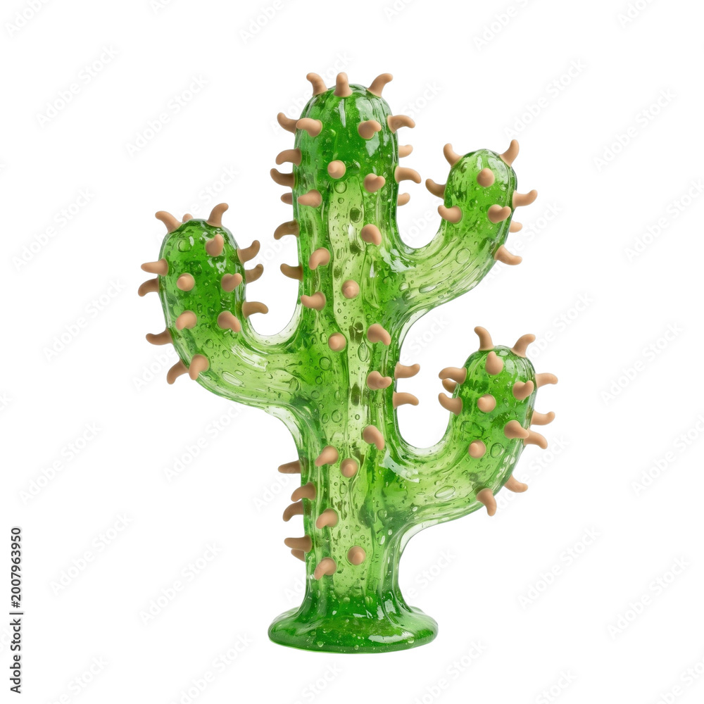 Fototapeta premium Glass cactus sculpture with beige spikes isolated on transparent background.
