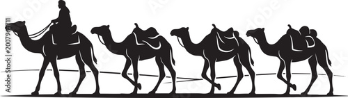 Fotografi Desert camel caravan silhouette illustration, vector group of camels walking in a row with a rider