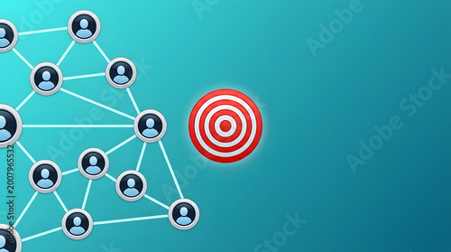 Business network connections with target icon for strategy, marketing outreach and leadership