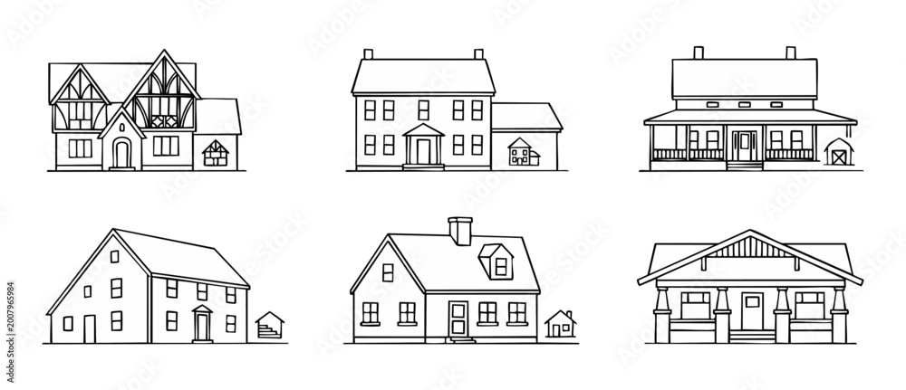 Obraz premium House Outline Icons Collection, Set of 6 Residential Architecture Building Styles, Vector Line Art Illustrations for Real Estate, Property Construction, Mortgage Design and Modern Home Minimalist Grap