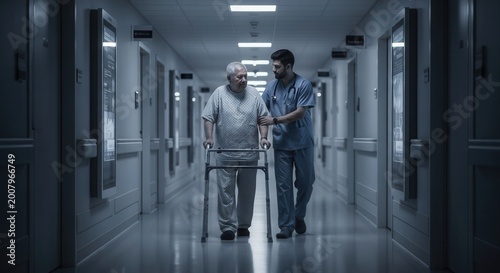 Hospital Corridor Showing Medical Professional Assisting Elderly Person with Mobility