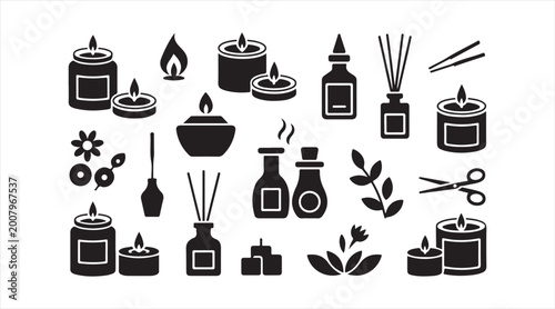Spa and wellness icon collection with candles essential oils and aromatherapy elements for relaxation and beauty design projects