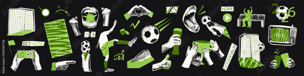Fototapeta premium Football halftone art collage cut outs set. World cup stickers with soccer player, cheering fan, championship trophy, goal net, ball. Modern retro grunge mixed media vector illustration with doodles