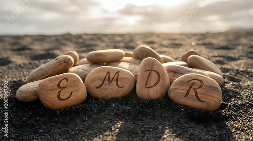 EMDR therapy concept with wooden stones on beach sand at sunset representing eye movement desensitization and reprocessing treatment for trauma healing.