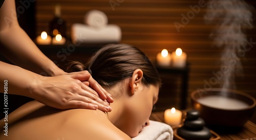 Woman getting a relaxing back massage in a dark spa room with candles and steam