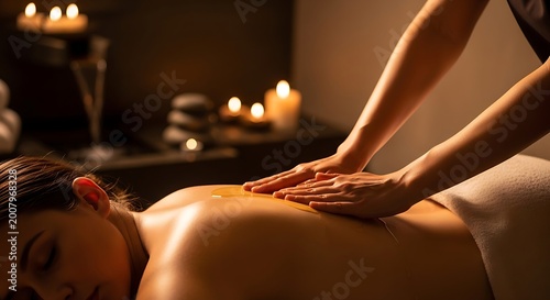Professional back massage therapy session in a dark relaxing spa room with warm candles