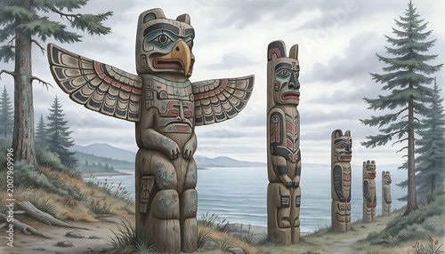 totem poles in a forest landscape.