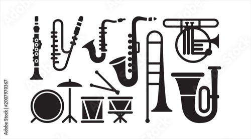 Orchestra instrument silhouettes set, music icons collection with saxophone trumpet drum and brass instruments for performance and audio design