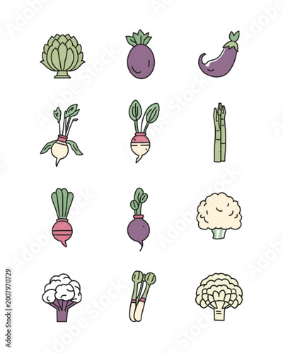 hand drawn vegetable icons set artichoke eggplant radish asparagus cauliflower turnip leek beetroot cartoon