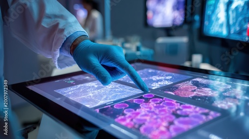 scientist in lab analyzing cells on touch screen
