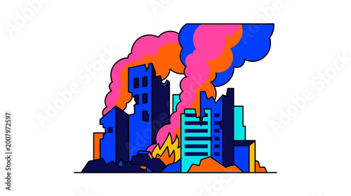 Bild auf Leinwand Urban Devastation: Cityscape Ablaze with Smoke and Flames