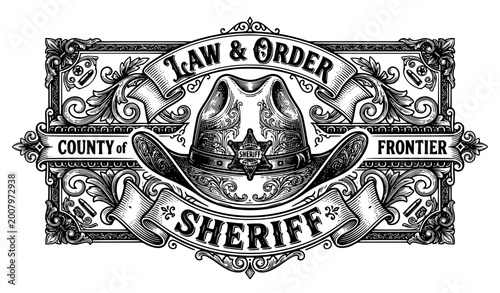 Cuadro en lienzo Vintage wild west sheriff hat monochrome vector illustration with ribbon banner