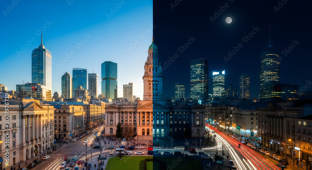 Obraz premium Dramatic cityscape contrast day and night split view of a modern metropolitan area