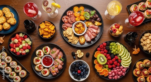 A vibrant overhead shot of a festive banquet table featuring assorted appetizers, sparkling cocktails, fresh fruit platters, and snacks, gathering, juices, healthy