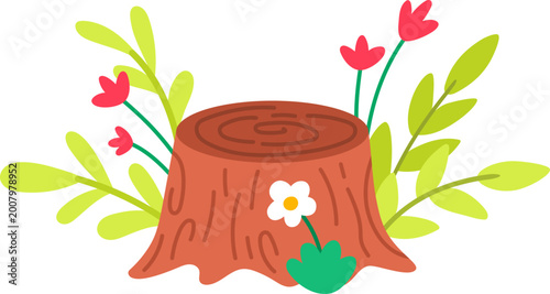 Vector tree stump icon decorated with wild flowers, leaves, grass. Woodland, forest or garden clipart. Nature object illustration isolated on white background